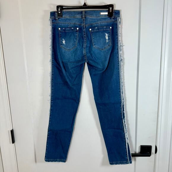 Studio F Blue Skinny Jeans w/ Frayed Side Stripe EUC 4 - Picture 2 of 5